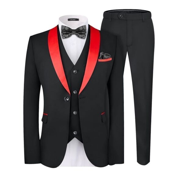 Men’s 3 Piece Slim Fit Tuxedo Black with Red Detail Shawl Lapel Size XS NWT - Picture 14 of 16
